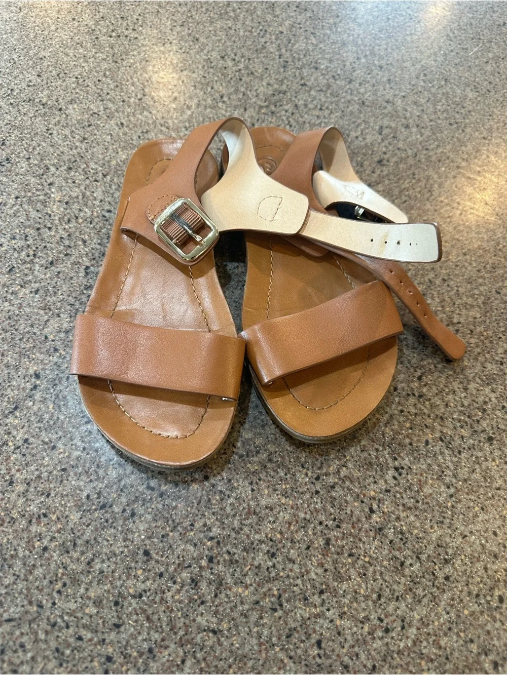 Tan Leather Slide Sandals with Ankle Strap